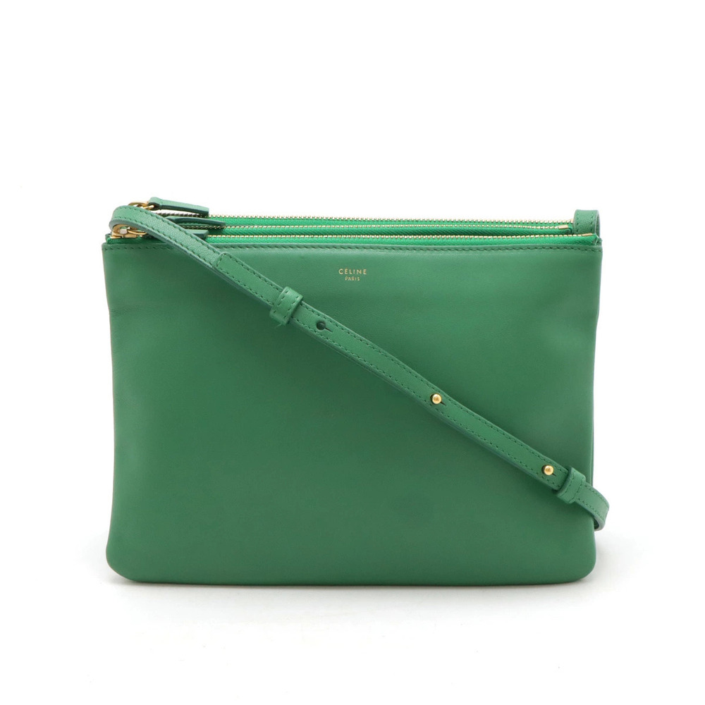 Celine Trio Crossbody Bag Pouch Clutch Lambskin Leather Green